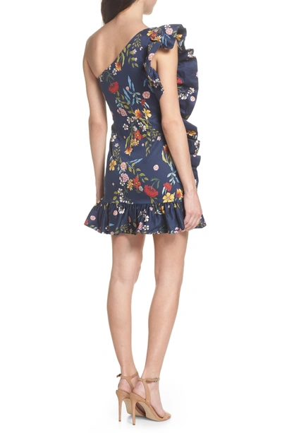Shop C/meo Collective C/meo No Matter One-shoulder Ruffle Minidress In Navy Floral