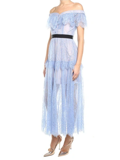 Shop Self-portrait Off-the-shoulder Floral-embroidered Fine-lace Maxi Dress In Celeste