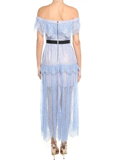 Shop Self-portrait Off-the-shoulder Floral-embroidered Fine-lace Maxi Dress In Celeste