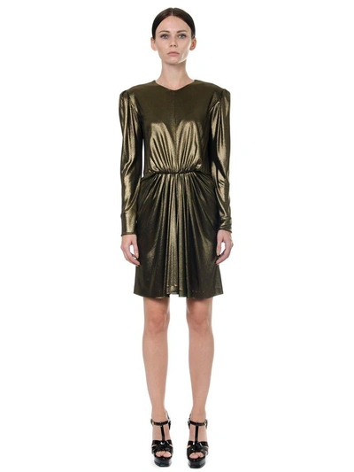 Shop Saint Laurent Gathered Waist Lurex Mini Dress In Gold Metallic Jersey