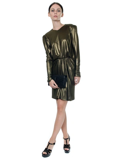 Shop Saint Laurent Gathered Waist Lurex Mini Dress In Gold Metallic Jersey