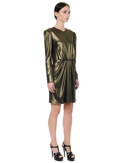 Shop Saint Laurent Gathered Waist Lurex Mini Dress In Gold Metallic Jersey