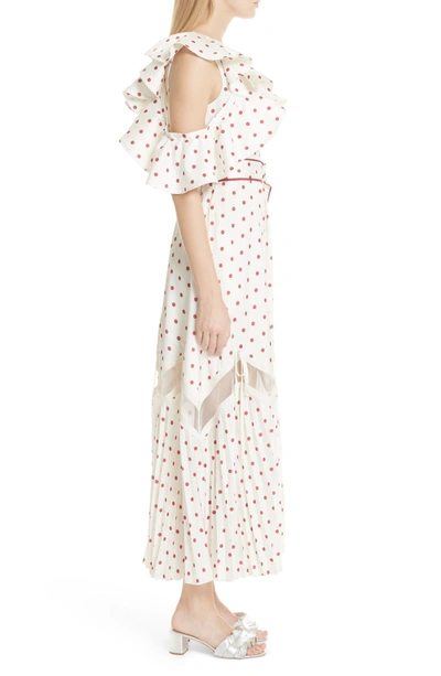 Shop Self-portrait Polka Dot Ruffle Satin Dress In White
