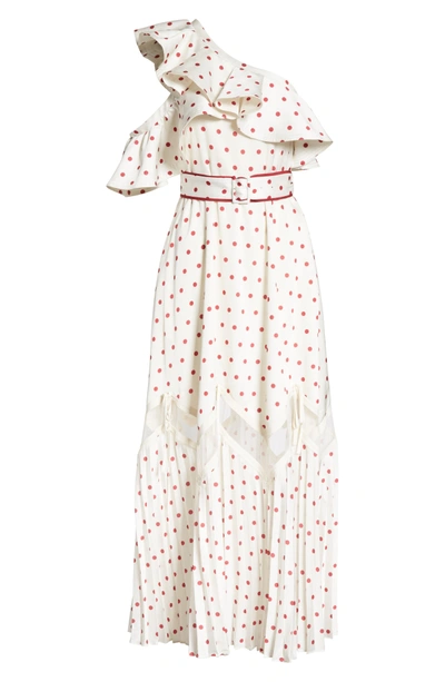 Shop Self-portrait Polka Dot Ruffle Satin Dress In White
