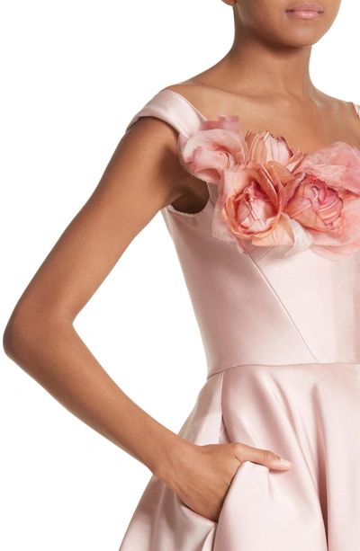 Shop Marchesa Corsage Off The Shoulder Satin Ballgown In Blush