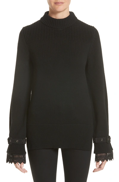 Shop Moncler Girocollo Lace Cuff Wool Sweater In Black
