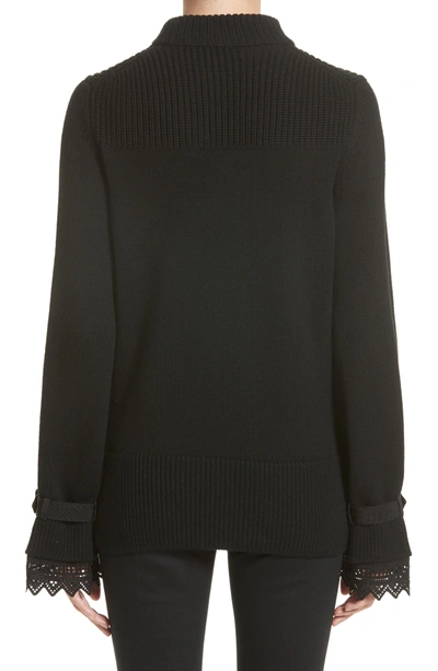 Shop Moncler Girocollo Lace Cuff Wool Sweater In Black