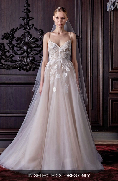 Shop Monique Lhuillier Severine Chantilly Lace & Tulle Gown In Silk White/ Nude