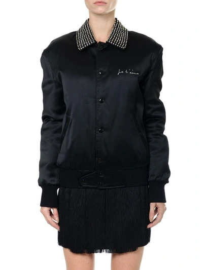 Shop Saint Laurent Je T'aime Embellished Satin Bomber Kjacket In Black
