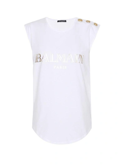 Shop Balmain Logo-print Cotton-jersey Tank Top In Bianco
