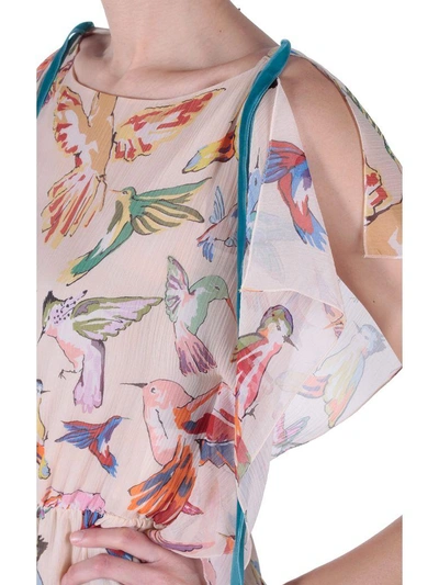 Shop Red Valentino Hummingbirds Print Silk Crepon Jumpsuit In Beige