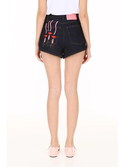 Shop Valentino Shorts With Embroidered Lipstick Patch In Antracite (blue)