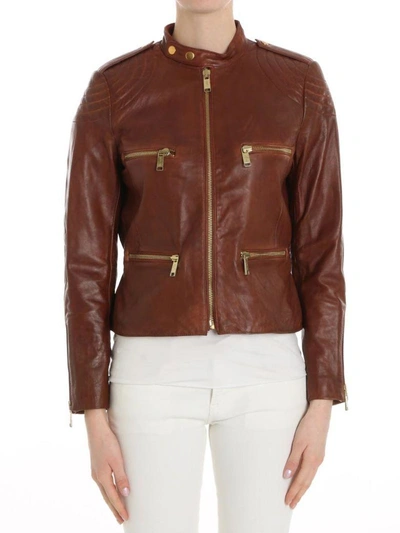 Shop Michael Michael Kors Leather Jacket In Cognac