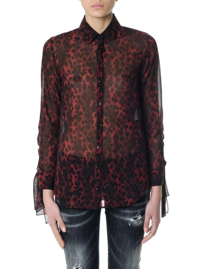 Shop Saint Laurent Red Silk Leaopard Printed Shirt