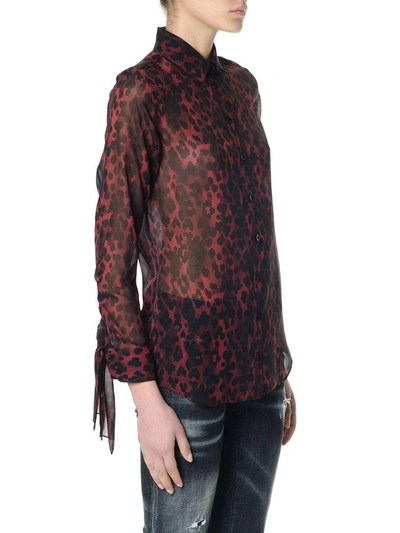 Shop Saint Laurent Red Silk Leaopard Printed Shirt