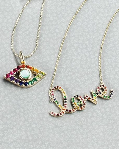 Shop Sydney Evan Large Rainbow Sapphire Love Necklace In Gold