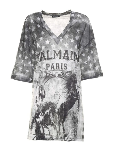 Shop Balmain Horse-print Linen Oversized T-shirt In Nero Bianco