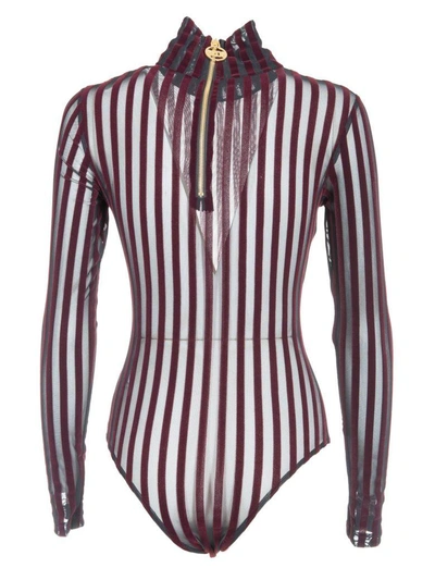 Shop Gcds Velvet Stripe Bodysuit In Bordeaux