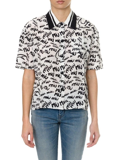 Shop Miu Miu White Silk Polo Shirt With Black Monogram In White-black