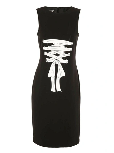 Shop Boutique Moschino Lace Ribbon Print Dress In Black
