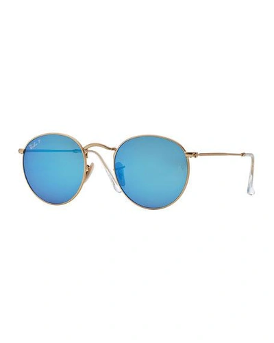 Shop Ray Ban Polarized Round Metal-frame Sunglasses With Blue Mirror Lens