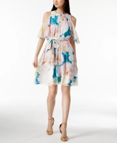 Shop Calvin Klein Printed Cold-shoulder Dress, Regular & Petite Sizes In Lagoon Multi