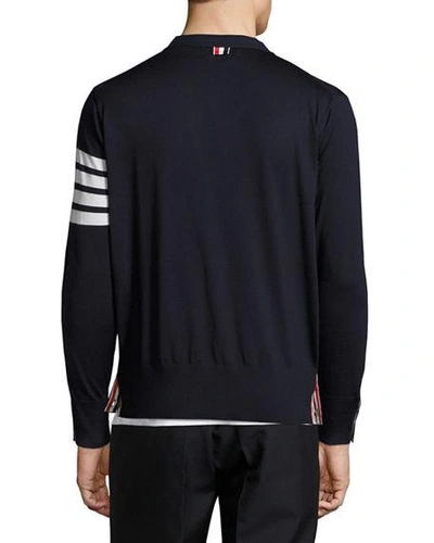 Shop Thom Browne Merino Wool V-neck Cardigan With Four-bar Stripe In Navy