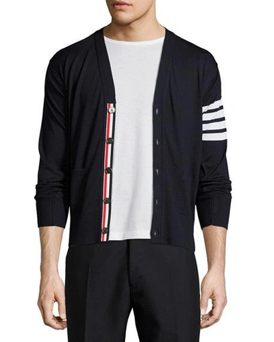 Shop Thom Browne Merino Wool V-neck Cardigan With Four-bar Stripe In Navy