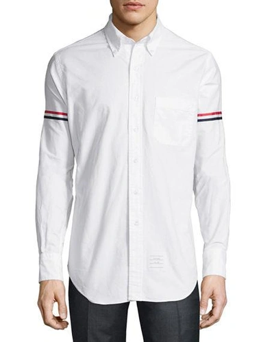 Shop Thom Browne Classic Arm-stripe Long-sleeve Oxford Shirt In White