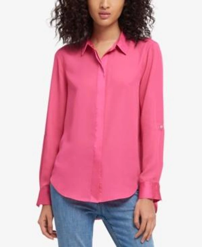 Shop Dkny High-low Roll-tab-sleeve Shirt, Created For Macy's In Fuschia