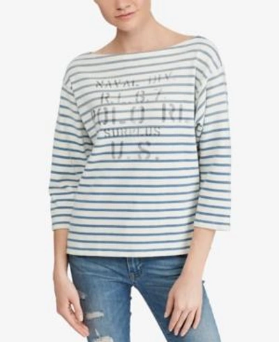 Shop Polo Ralph Lauren Striped Boatneck Cotton Shirt In Blue/cream
