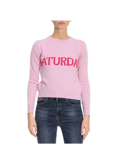 Shop Alberta Ferretti Sweater Slim Wool Blend Sweater Rainbow Week With Saturday Lettering In Pink