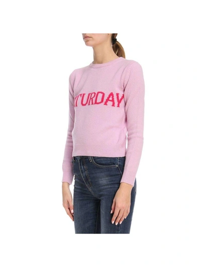 Shop Alberta Ferretti Sweater Slim Wool Blend Sweater Rainbow Week With Saturday Lettering In Pink