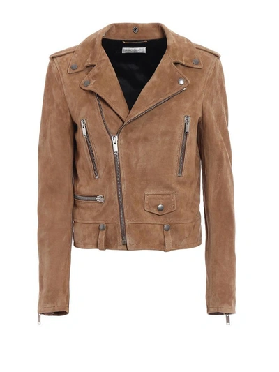 Shop Saint Laurent Suede Biker Jacket In Taupe Clair