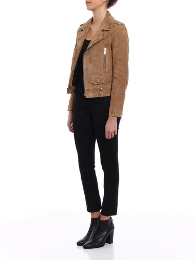 Shop Saint Laurent Suede Biker Jacket In Taupe Clair