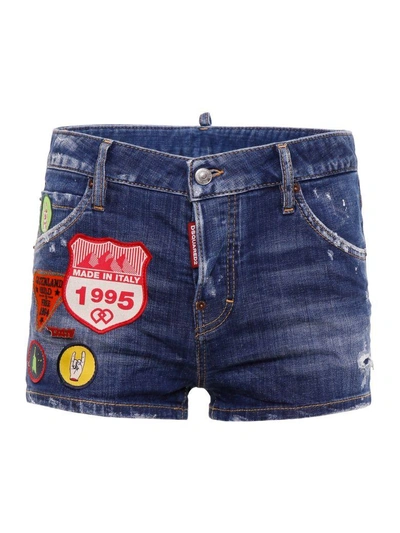 Shop Dsquared2 Denim Shorts With Patches In Blue Denim|blu