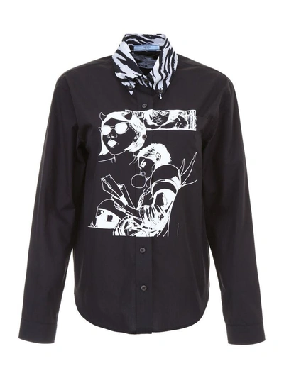 Shop Prada Comics Print Poplin Shirt In Nero+ferronero