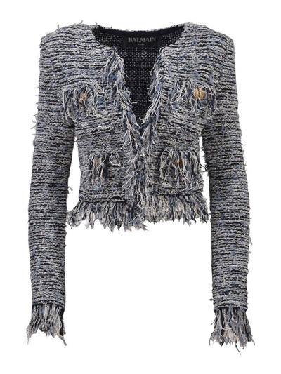 Shop Balmain Fringed Jacket In Light Blue