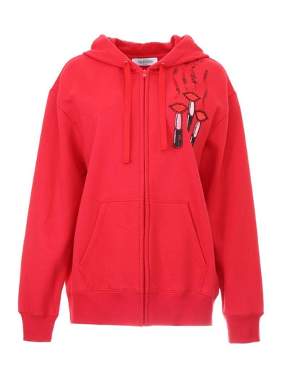 Shop Valentino Lipstick Embroidery Hoodie In Rosso (red)