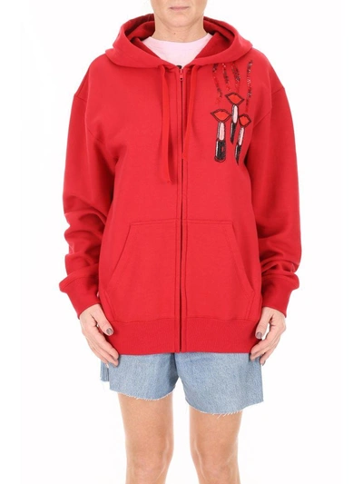 Shop Valentino Lipstick Embroidery Hoodie In Rosso (red)