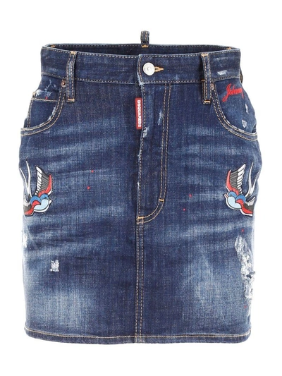 Shop Dsquared2 Denim Skirt With Patches In Blue Denimblu