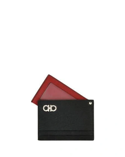 Shop Ferragamo Men's Revival Gancini Leather Card Case With Flip-out Id Window, Black/red