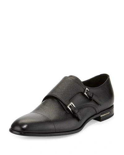 Shop Prada Saffiano Leather Double-monk Shoe, Black
