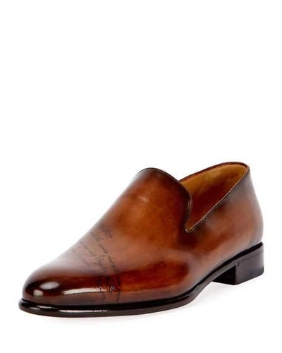 Shop Berluti Scritto Leather Slip-on Dress Shoe In Brown