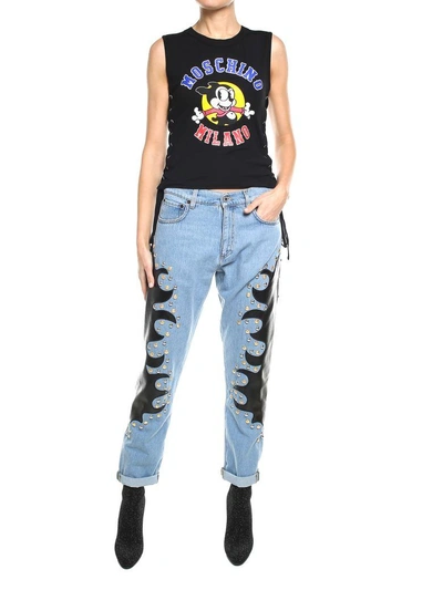 Shop Moschino Studded Embroidered Cotton-denim Jeans In Blu