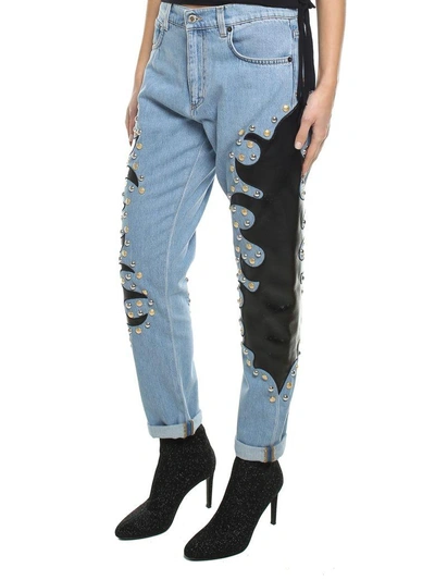 Shop Moschino Studded Embroidered Cotton-denim Jeans In Blu