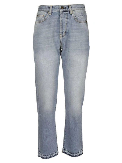 Shop Saint Laurent Embroidered Slim-fit Jeans In Blu