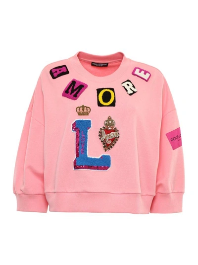 Shop Dolce & Gabbana Sweatshirt With Patches In Rosa Confetto Chiarorosa