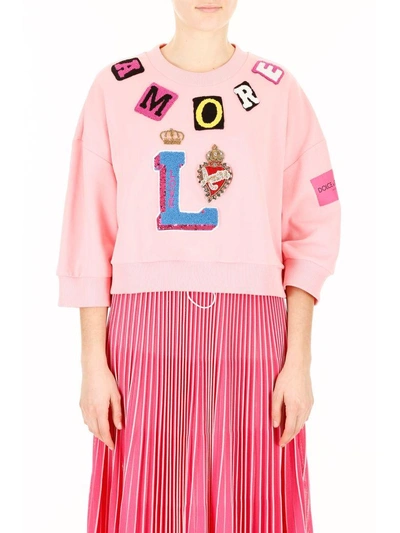 Shop Dolce & Gabbana Sweatshirt With Patches In Rosa Confetto Chiarorosa