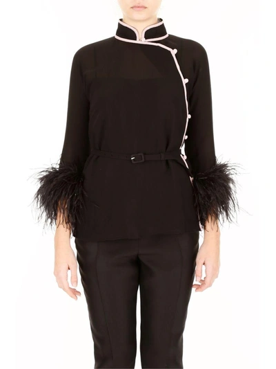 Shop Prada Layered Chiffon Shirt With Feathers In Nero+opaline+n
